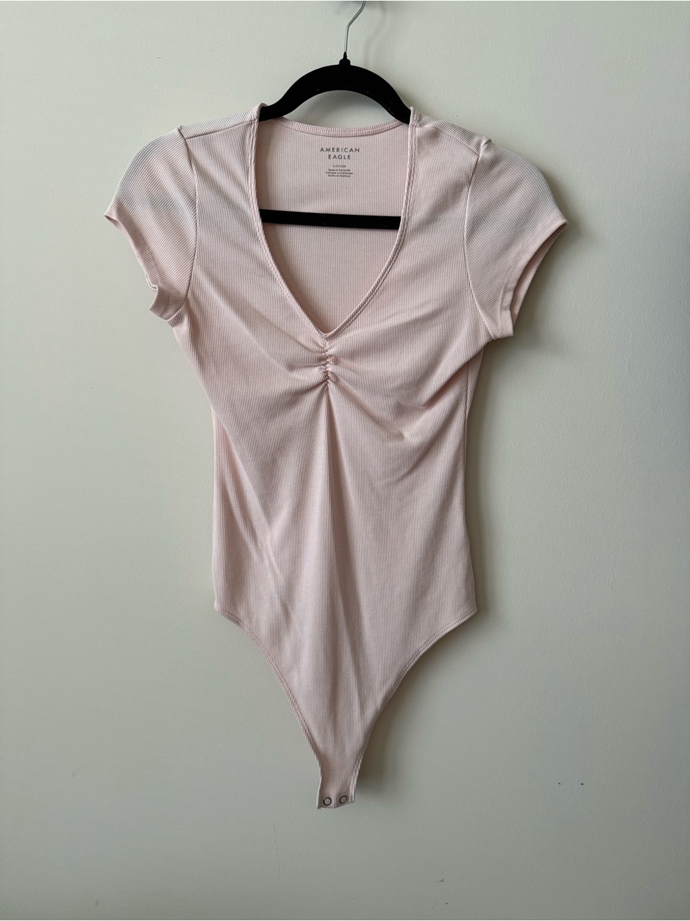 American Eagle Outfitters Pale Pink V-Neck Ruched Short Sleeve Bodysuit